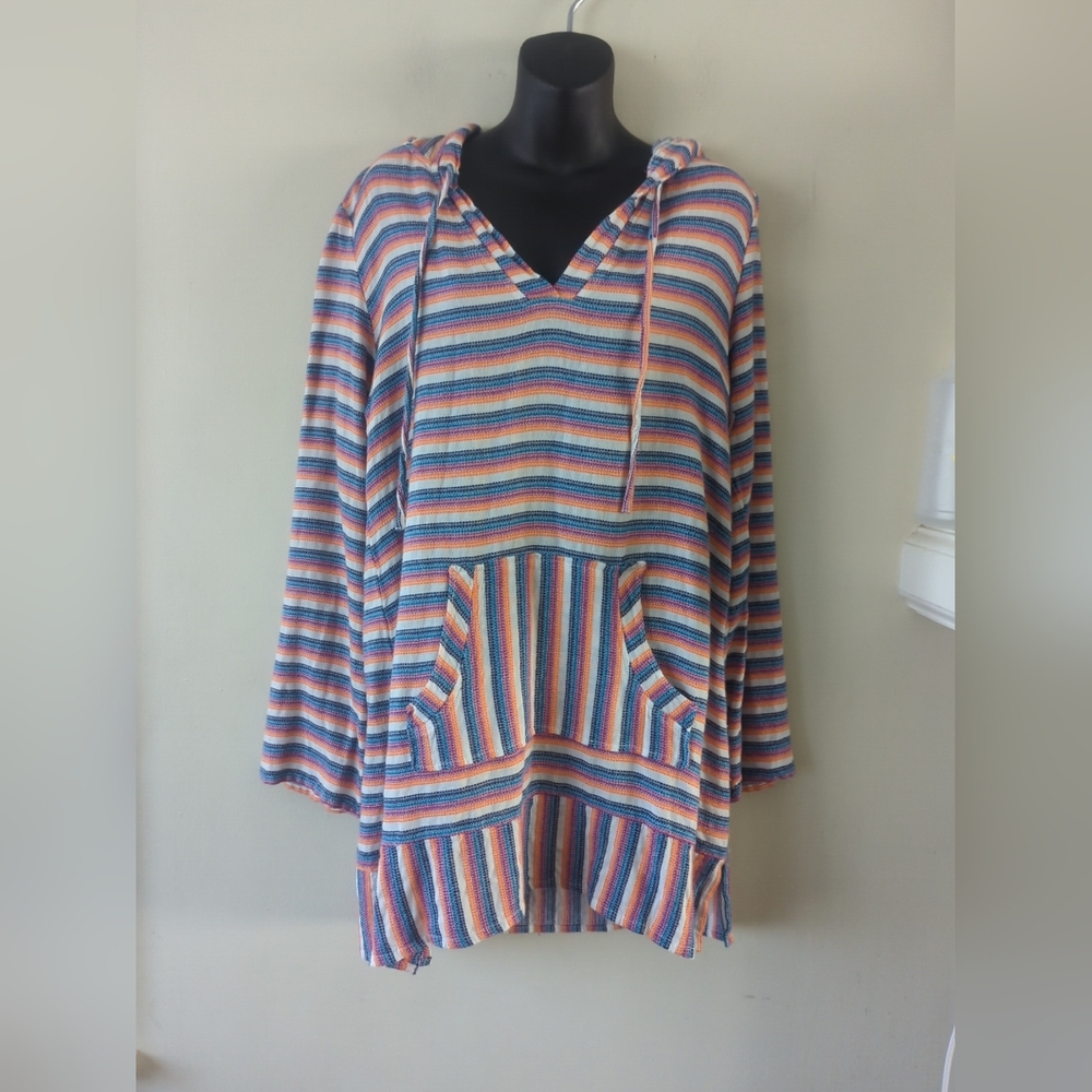 Striped Multicolor Hooded  Hobie Beachwear Sz Medium V-neck 3/4 Pool / Colorful
